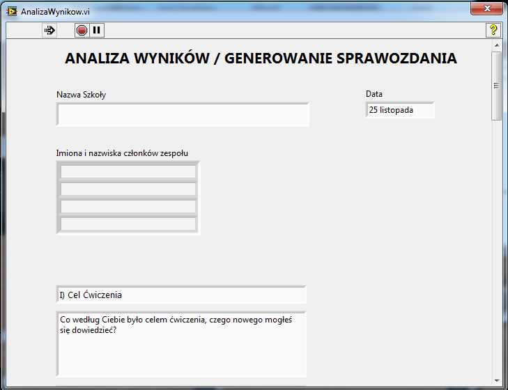 d) Analiza wyników Po zebraniu punktów pomiarowych można przejść do analizy wyników, w tym celu należy nacisnąć przycisk "analiza wyników". Otworzy się okno z gotowym szablonem sprawozdania.