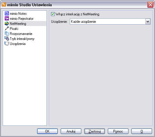 Dostosowanie ustawień NetMeeting Ustawienia NetMeeting pozwalają na włączanie / wyłączanie obsługi Microsoft NetMeeting i dostosowanie urządzenia skojarzonego z białą tablicą NetMeeting Aby dostać