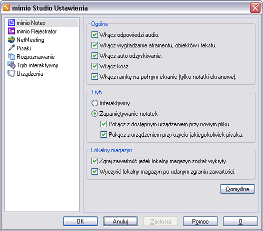 Ustawienia mimio Studio zawierają opcje konfiguracji właściwości i charakterystyki Twojego systemu mimio, włączając mimio Notes, mimio Narzędzia, mimio Rejestrator, Urządzenia, Tryb interaktywny,