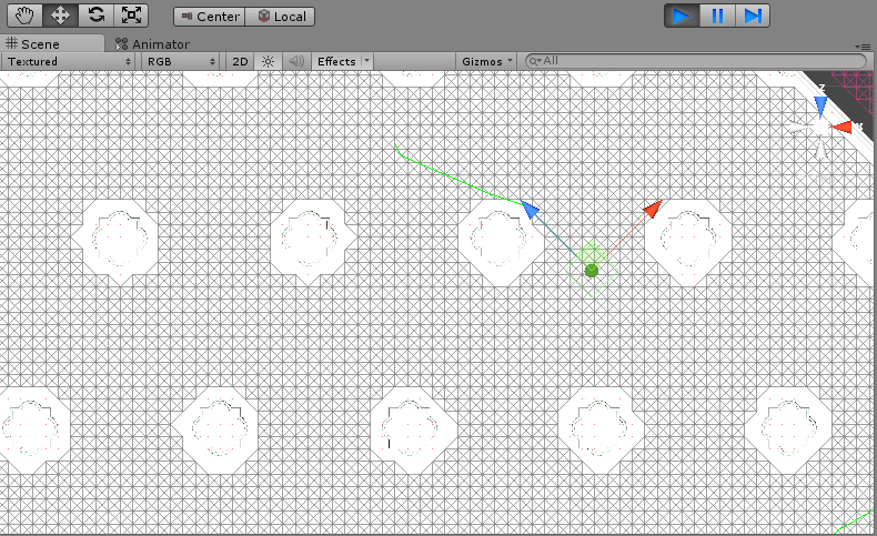 Rys. 4.3 Zrzut ekranu przedstawiający wygenerowaną przez algorytm A* Pathfinding siatkę (widok z góry) i obraną na jej podstawie ścieżką (zaznaczona kolorem zielonym) 4.4.4.2 Patrolowanie trasy Dla każdego przeciwnika zdefiniowano punkty wyznaczające patrolowaną przez niego trasę.