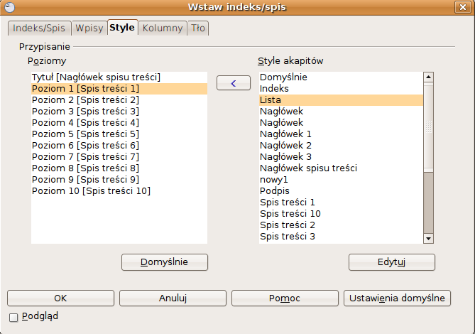 Następnie modyfikujemy styl spisu treści. Writer automatycznie przypisuje do stylu Poziom 1 styl Spis treści 1 itd.
