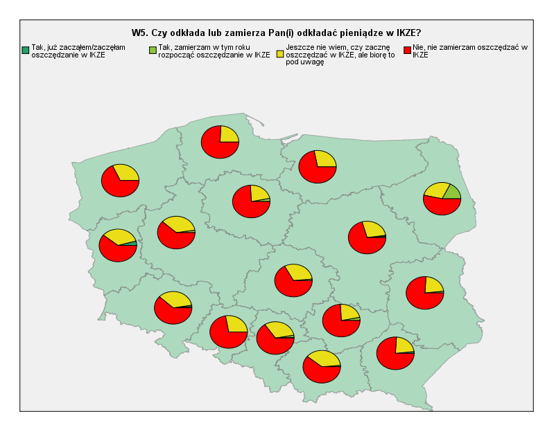 Poniższa mapa obrazuje wojewódzkie zróżnicowania deklaracji respondentów dotyczących korzystania z IKZE i deklarowanego zainteresowania korzystaniem z