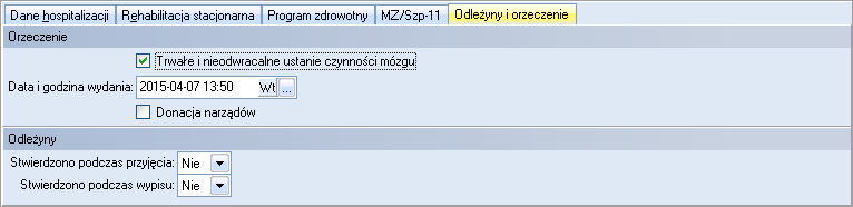 Tryb przyjęcia: przyjęcie przymusowe przyjęcie przymusowe w związku z realizacją ustawowego obowiązku poddania się hospitalizacji, przyjęcie na podstawie karty diagnostyki i leczenia onkologicznego.