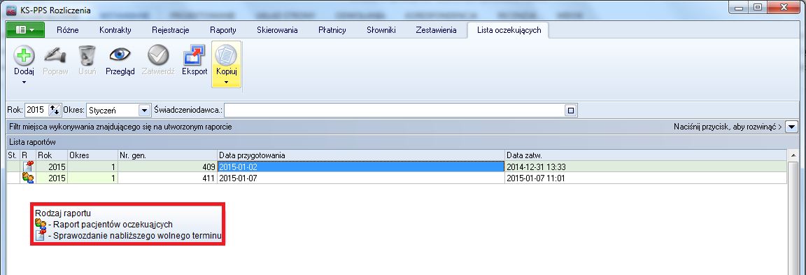 5.13. Automatyczne tworzenie raportu Na liście raportów list oczekujących pojawiły się oznaczenia rozróżniające poszczególne raporty kolejek w danym okresie. 5.14.