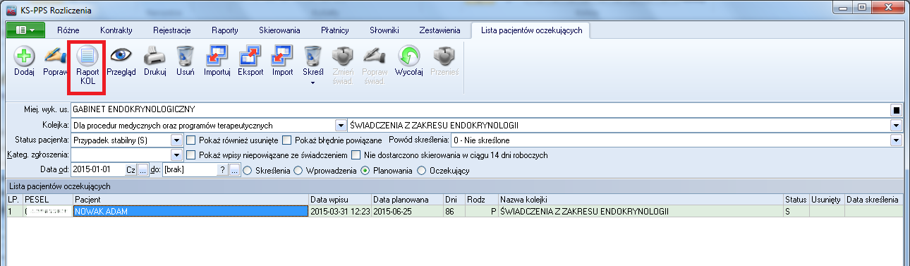 5.17. Raport KOL do AP-KOLCE Tymczasowo, do czasu udostępnienia przez NFZ usługi komunikacyjnej, rejestracja kolejki oczekujących na procedury wysokospecjalistyczne ma być równocześnie prowadzona w