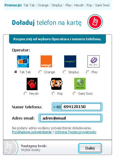 1. Systemy doładowań telefonów na kartę Wybór Operatora, podanie numeru telefonu oraz adresu e-mail, na