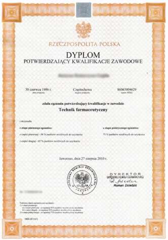 Certyfikat Absolwent, który zdał egzaminy z wszystkich 3 kwalifikacji w zawodzie otrzymuje dyplom