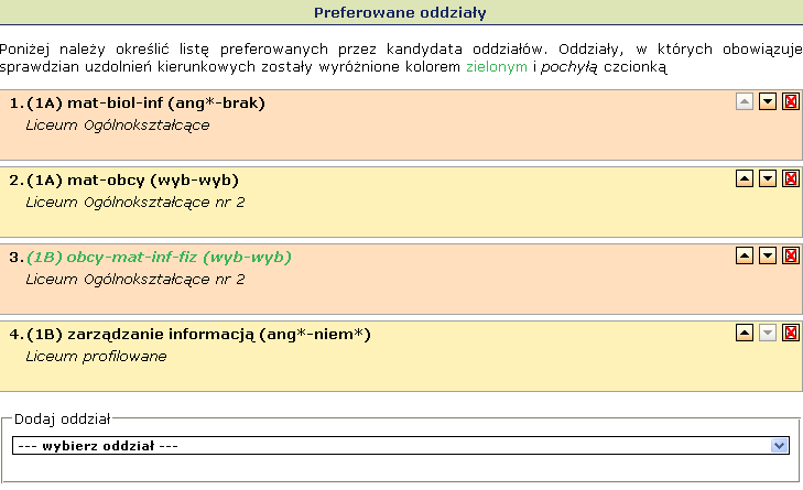 Wprowadzanie i modyfikacja danych kandydata bezpośrednio w systemie Rysunek 69. Wprowadzanie informacji o preferowanych szkołach.