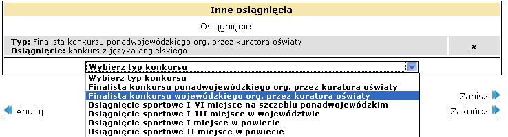 Wprowadzanie i modyfikacja danych kandydata bezpośrednio w systemie Osiągnięcia mogą pochodzić z dwóch źródeł: zamknięta lista osiągnięć otwarta lista osiągnięć Zamknięta lista osiągnięć obejmuje