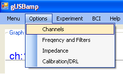 Dodatek A 3) Stop acquire kończy rejestrację danych i ich rysowanie na ekranie, 4) Close device zamyka połączenie ze wzmacniaczem g.usbamp. B. Options ( Menu > Open device > Options): Wzmacniacz g.