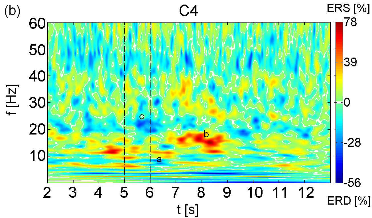 Analiza sygnału EEG związanego z wyobrażeniem ruchu Rysunek 5.6 Mapa ERD/ERS dla badanego P2 podczas wyobrażenia ruchu lewą ręką (a) dla elektrody C3, (b) dla elektrody C4.