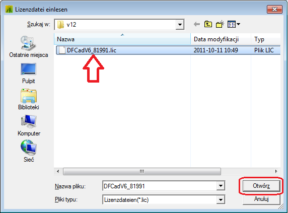 Otrzymany zwrotnie plik licencji wgrywamy w oknie menadżera licencji przy ponownym uruchomieniu AutoCAD z zainstalowaną aplikacją CAD V6.