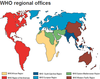 Rozmieszczenie sześciu regionów WHO na świecie. Source: WHO (http://www.who.int/about/regions/en/index.