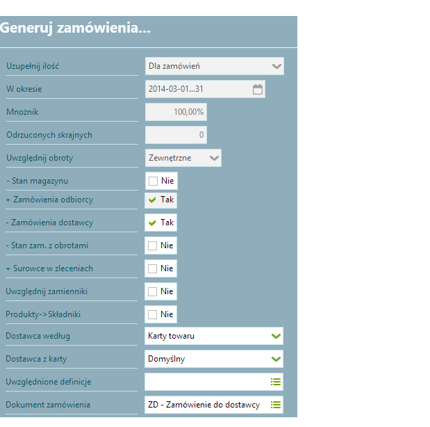 Generator zamówień Na listach: Towary i usługi i Zamówienia od odbiorców dostępny jest mechanizm umożliwiający utworzenie zamówienia do dostawcy na brakujący towar, z uwzględnieniem różnych