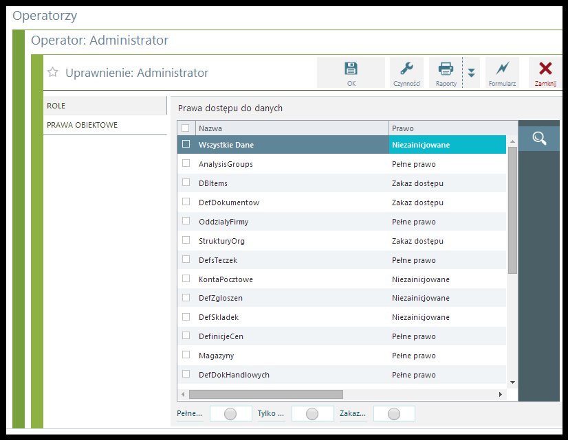Przykład przypisania ról Nowemu operatorowi należy nadać uprawnienia. W tym celu na zakładce Prawa danych zaznaczamy magazyny i ewidencje (środków pieniężnych), do których ma mieć dostęp operator.