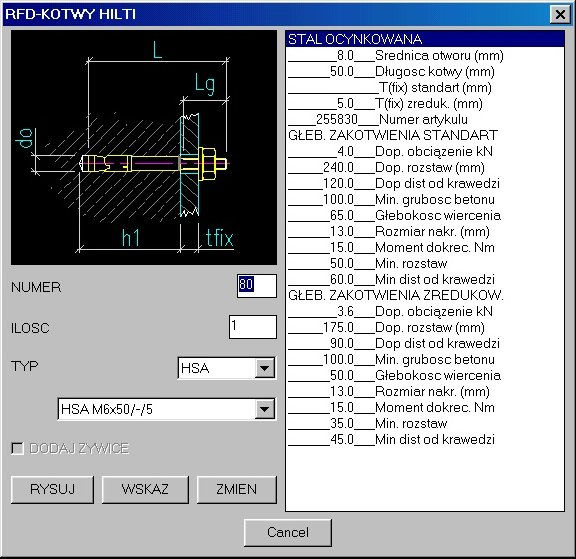 92 AutoCAD. Konstrukcje Budowlane 4.13 Kotwy Hilti Funkcja wstawia do rysunku opisy kotew w formacie który pozwala na ujęcie ich w wykazach śrub i stali.