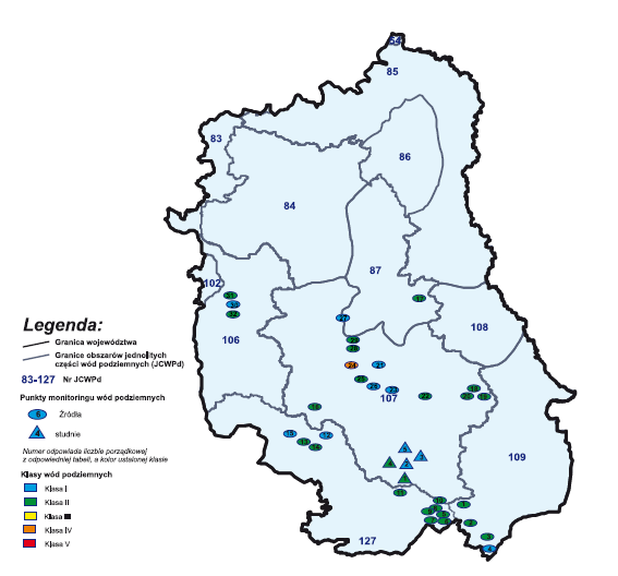 Mapa 8. Jakość wód podziemnych Źródło: WIOŚ Lublin 3.1.2.2. Zagrożenia Wody podziemne należące do zasobów naturalnych, coraz bardziej zagrożone są zanieczyszczeniami z powierzchni ziemi.