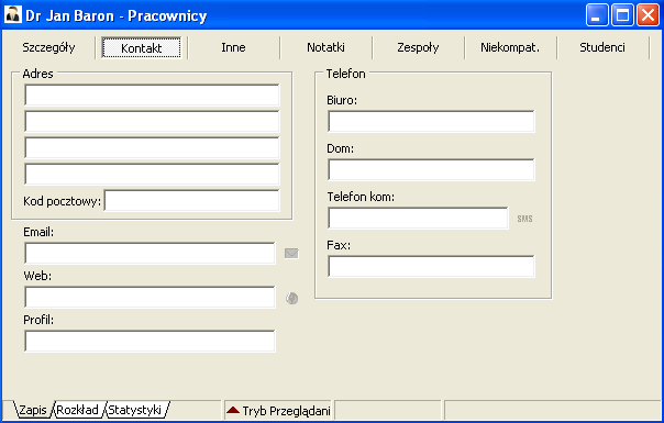 Slajd 13: Kontakt z pracownikiem. Poza standardowymi danymi, Timetabler przechowuje strony internetowe pracownika i numer jego telefonu komórkowego.