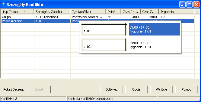 Okno Szczegóły Konfliktu zapewnia pełną informację o Konfliktach.