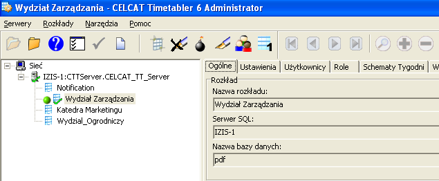 Kliknij na ikonkę Serwera, aby sprawdzić czy Administrator posiada dostęp do Serwera Timetabler.