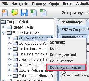 szkoły - na drzewku należy po rozwinięciu zakładki Szkoły i placówki wybrać zakładkę z nazwą szkoły i prawym klawiszem myszy uaktywnić funkcję Dodaj internat. 4.