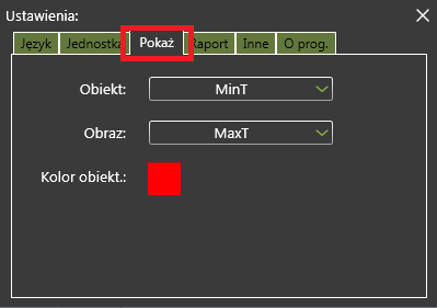 Zakładka Pokaż pozwala na zdefiniowanie punktów, które będą się wyświetlać na termogramie (Obraz) jak również na obiektach dodawanych podczas analizy termogramów (Obiekt).