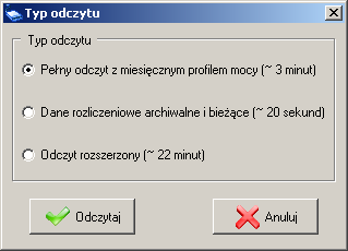 Rysunek 24. Typy odczytu. Tabela poniŝej zawiera specyfikację typów odczytu licznika LAP dostępnych w programie.