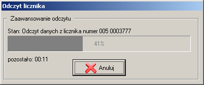 Po wybraniu przycisku Odczytaj następuje rozpoczęcie procesu odczytu licznika. Otwarte zostanie okno Odczyt licznika z paskiem informującym o postępie odczytu licznika rysunek nr 25. Rysunek 25.