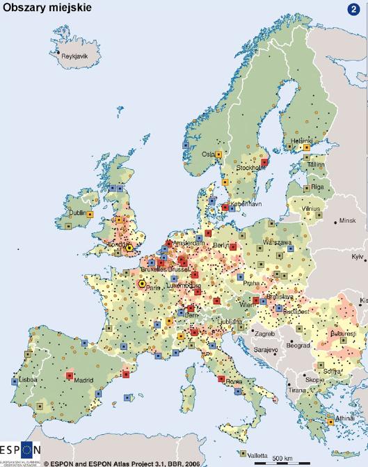 ZAŁĄCZNIKI Załącznik 1: dane o regionie południowym na tle polskich regionów poziomu NTS1 Grafika 1. Obszary miejskie w Europie Źródło: Atlas ESPON.
