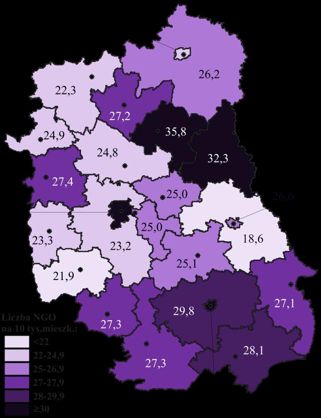 W porównaniu do innych regionów województwo lubelskie, z liczbą 6 101 organizacji pozarządowych, sytuuje się dokładnie na ósmej pozycji.