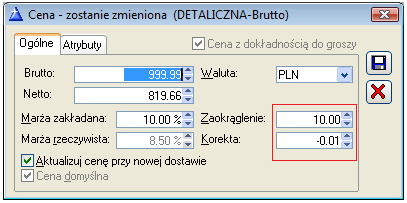 Rysunek 8 Aktualizacja cennika brutto, pozwalająca przerzucid koszt podwyżki stawki VAT z 22% na 23%