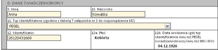 Sekcja D Wprowadź dane pacjenta: Jeżeli podany zostanie PESEL pacjenta, wówczas system automatycznie uzupełni dane dotyczące płci oraz daty urodzenia pacjenta. W pozostałych przypadkach, np.