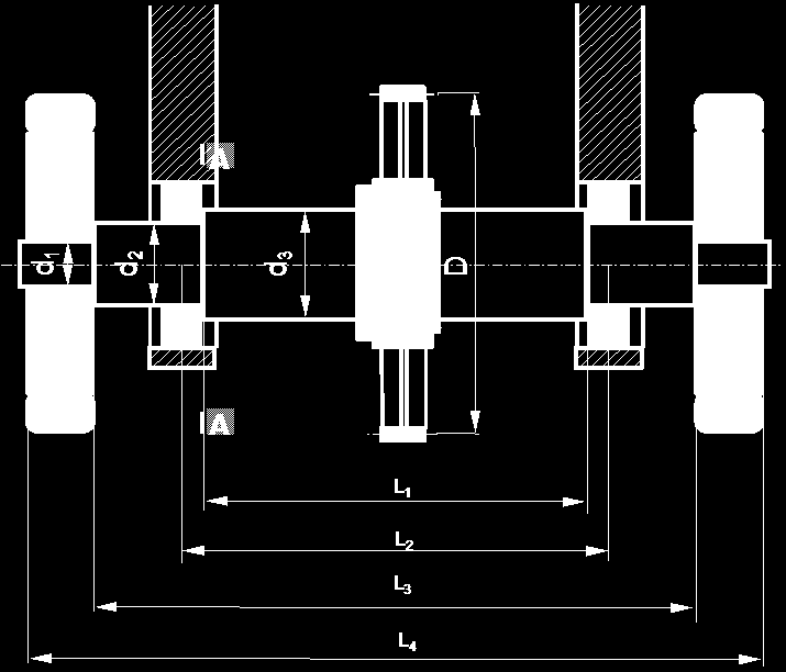 Dane: m = 60 [kg] Ms = 60 [Nm] = 00 [N] K I =,7 L = 980 [mm] L = 000 [mm] L 3 = 40 [mm] L 4 = 00 [mm] d = 5 [mm] d = 30 [mm] d 3 = 40 [mm] D = 70 [mm] r =,5 [mm] Tworzywo osi: 45 R m = 700 [MPa] R er