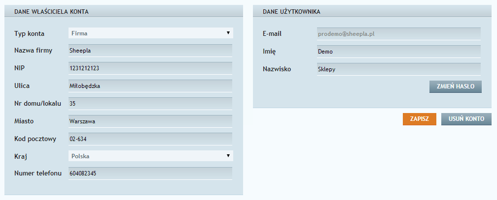 4.1 Dane konta Zakładka Dane konta daje użytkownikowi możliwość edycji danych przypisanych do konta Sheepla. W zakładce można zmienić wszystkie dane poza adresem e-mail.