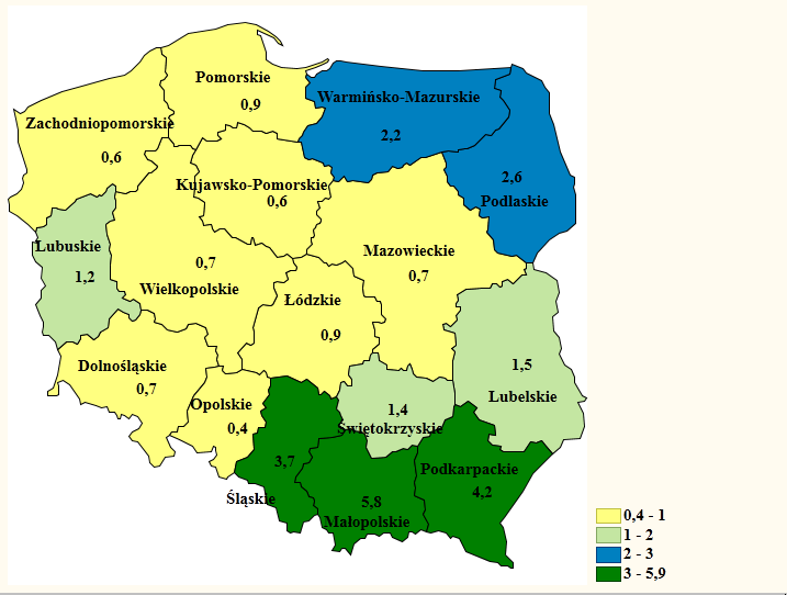 Ryc.3. Liczba rodzin pszczelich na 1 ha sadów i rzepaku w 2012 roku 4. Liczba pszczelarzy i struktura pasiek.