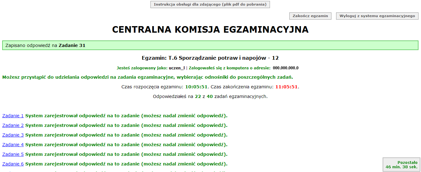 Moduł 1. Informacje wprowadzające System odnotowuje, na które zadania Zdający udzielił odpowiedzi. Do każdego zadania można powrócić w dowolnym momencie i zmienić już udzieloną odpowiedź (rysunek M1.