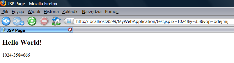 d) Zadanie: Napisz stronę JSP, która przyjmuje trzy parametry: x, y i op. W zależności od parametru op strona powinna albo dodad liczby x i y, albo je odjąd.