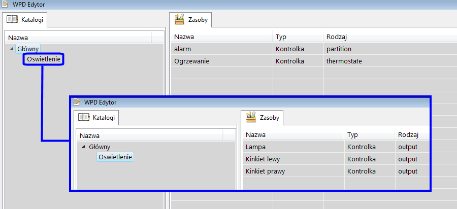 sterowanie termostatem w sypialni, 3) trzecia: katalog Oświetlenie, który zawiera ikony