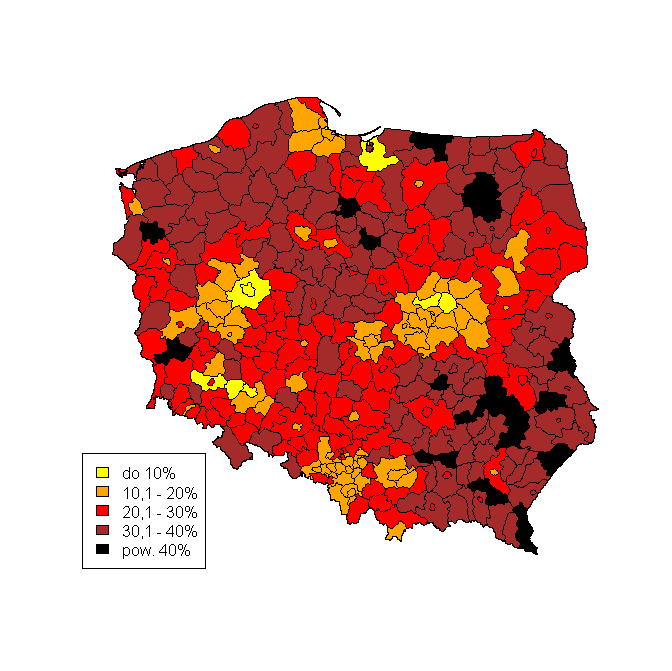 Struktura aktywności ekonomicznej ludności według rejestru ZUS Wykres 6. Stopa bezrobocia wśród kobiet w wieku do 29 lat w przekroju powiatów, stan na 31.01.