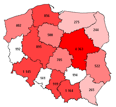 Mapa 4. Liczba fundacji zarejestrowanych w rejestrze REGON oraz w KRS w 2011 r., w podziale na województwa.