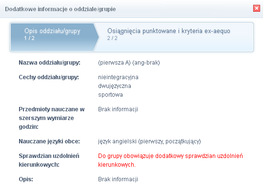 Nabór Gimnazja. Rejestracja kandydata. 5/12 W pierwszej kolumnie zamieszczone są nazwy oddziałów (grup) oferowanych przez gimnazja.