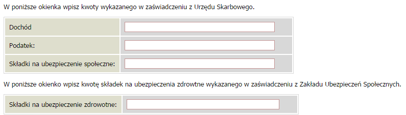 Ekran 3a dochody ogólne w tym miejscu należy wpisać kwoty, które widnieją na zaświadczeniach z Urzędu Skarbowego i kwotę zapłaconych składek na ubezpieczenie zdrowotne: uwaga na dochody osiągane