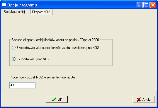 Strona Export NO 2 Na stronie ustala się sposób eksportu emisji tlenków azotu do pakietu Operat.