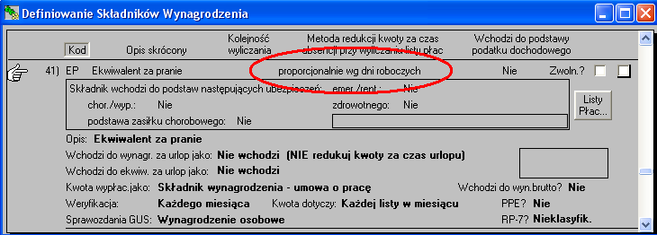 W rozliczeniach pracownika należy wtedy dopisać ekwiwalent za pranie z kwotą wyrażoną formułą: '1,0000' x 'Kwota ekwiwalentu pr.' (rys. 21).