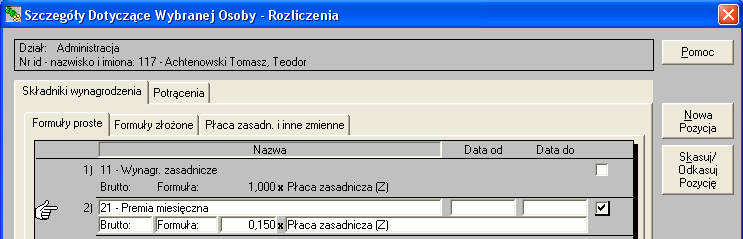 Składniki można wpisywać w rozliczenia pracownika kwotowo, ale często praktycznie jest wykorzystać do wyliczenia składników formuły, oraz zmienne.