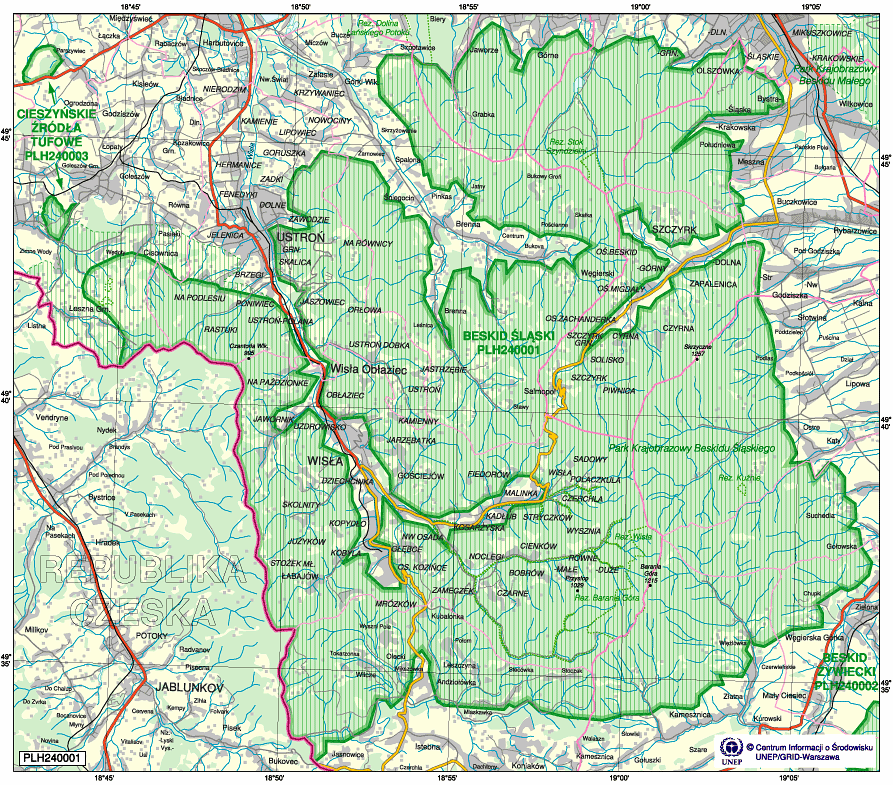 Rysunek 9 Lkalizacja Obszaru NATURA 2000 Beskid Śląski Źródł: strna internetwa http://www.2007.przyrda.katwice.pl Lasy t głównie sztuczne mnkultury świerkwe.