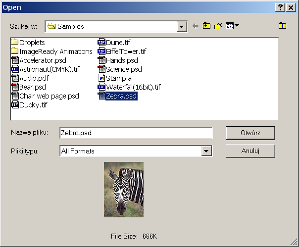 4 Na powyższym zdjęciu widać otwarte okno wyboru pliku do otwarcia. Program Adobe Photoshop obsługuje najróżniejsze formaty graficzne i potrafi je konwertować.