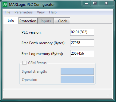 URUCHOMIENIE Uruchomid plik MAX Config.exe. Otworzy się okno programu (1). W przypadku braku komunikacji ze sterownikiem okno będzie puste, a na dolnym pasku pojawi się komunikat PLC not fund (2).