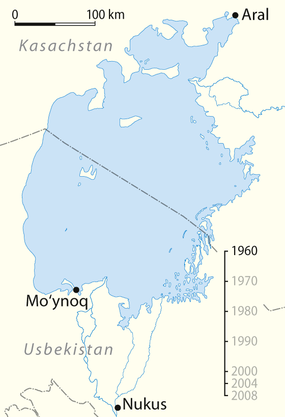 Nadmierna eksploatacja środowiska - Jezioro Aralskie Brak racjonalnej gospodarki wodnej ujemny bilansu wodny w jeziorze.