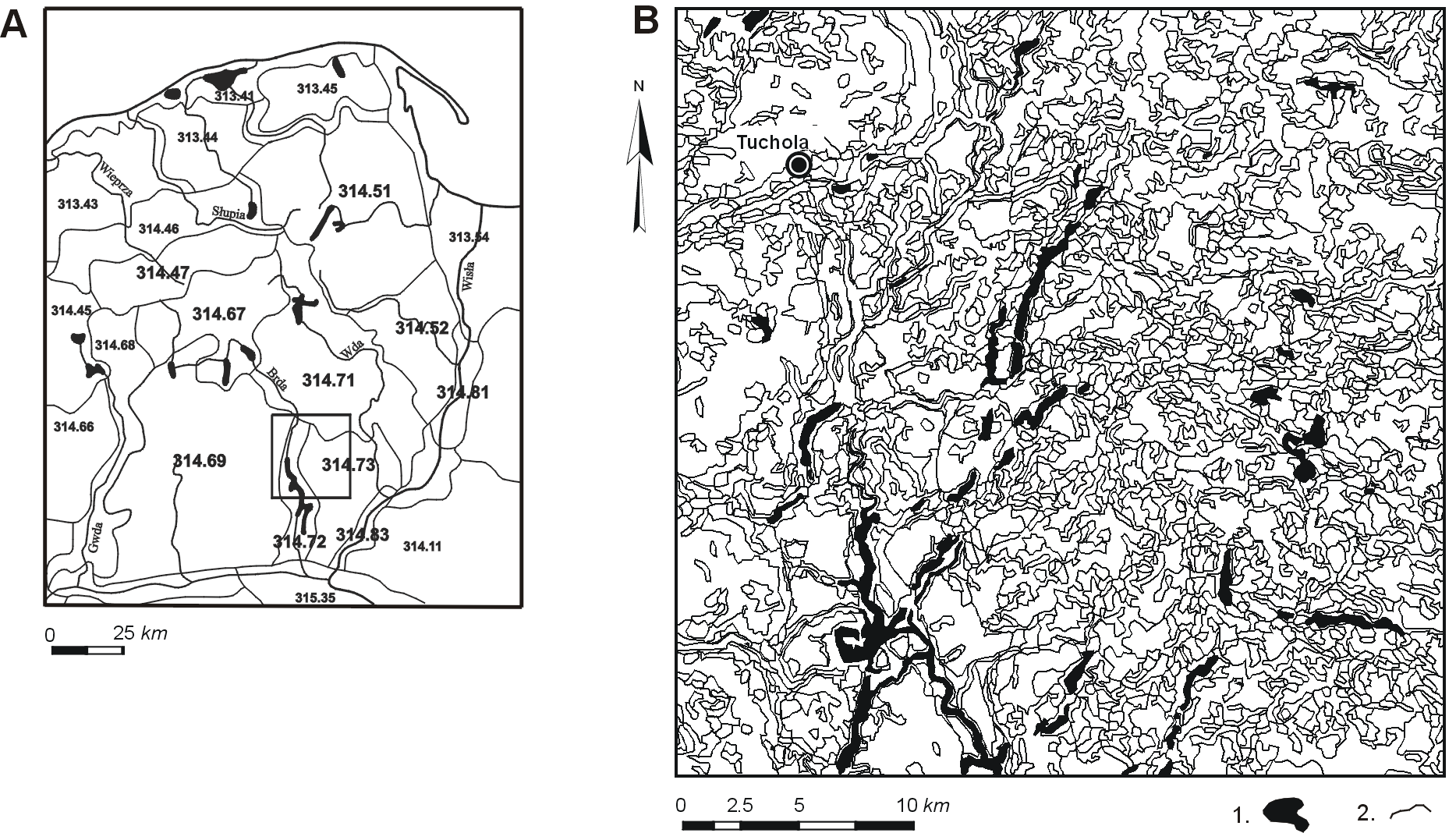 Ryc. 1A. Lokalizacja obszaru badań na tle regionalizacji fizycznogeograficznej (za Kondrackim 1998): 314.69 Pojezierze Krajeńskie, 314.71 Bory Tucholskie, 314.72 Dolina Brdy, 314.